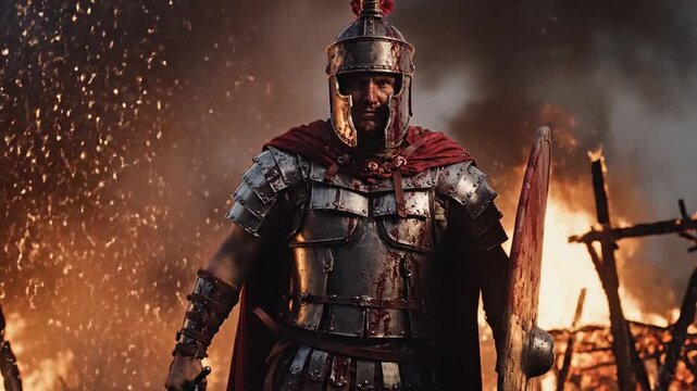 Cinematic slow motion scene of a valiant ancient warrior in heavy metal armor clutching a protective shield and sharp sword while standing amidst intense blazing fire and thick ember smoke.