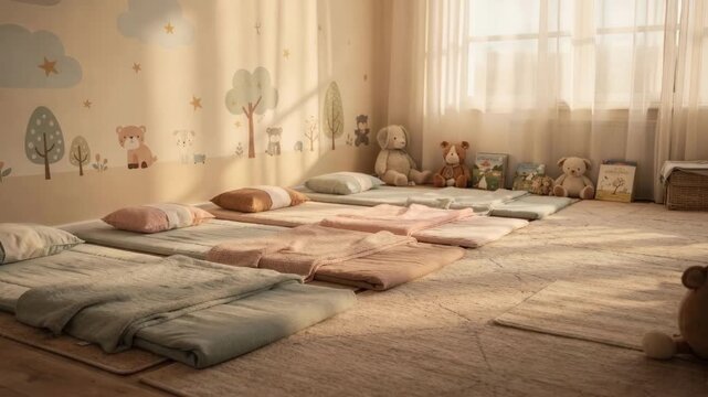 Warm diffused lighting over a row of nap mats with soothing decor illustrating calm and comfort during extended childcare hours.