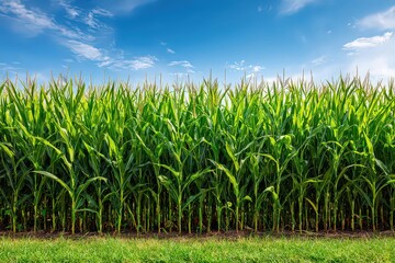 Fototapeta premium Vibrant Cornfield Under A Bright Blue Sky Depicting Agricultural Cultivation