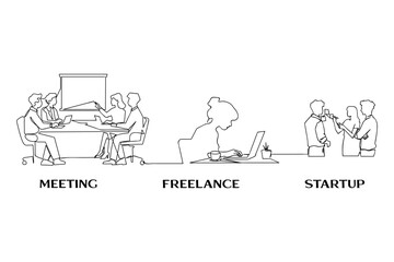 Line Art Business Meeting Illustration Set For Presentation And Wabsite. Modern Work Life Meeting, Freelance, and Startup Concepts