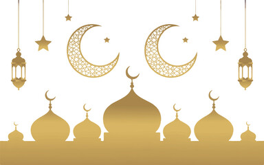 Islamic mosque at night with crescent moon and lantern vector illustration
