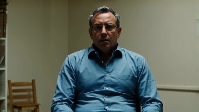 Mature man with glasses sitting intensely in a simple room, staring forward for an interview concept or difficult conversation