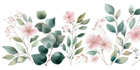 Watercolor depiction of delicate pink blossoms, green leaves, and delicate sprigs against white