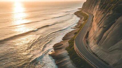 Coastal highway curves alongside the ocean with dramatic cliffs and waves