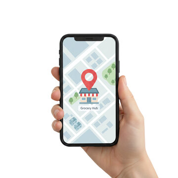 Hand holding smartphone with grocery store location map
