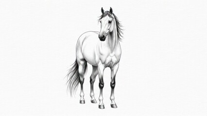 White horse standing, isolated on white background with copy space