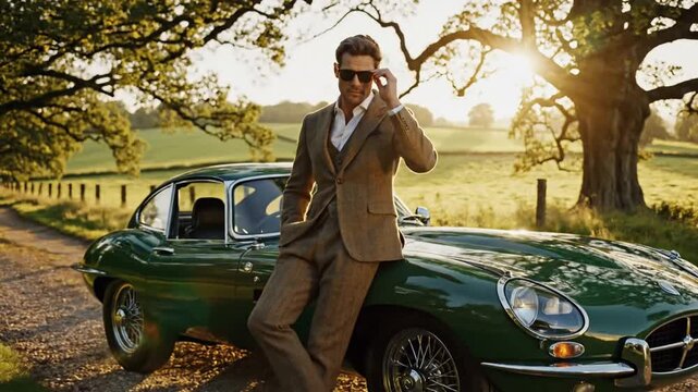 Elegant man wearing sophisticated tailored tweed suit and stylish sunglass walking with cinematic grace professional male fashion model portrait luxury apparel attire garment