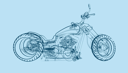 Detailed Blueprint Sketch Of A Custom Motorcycle With Engine And Wheels On Blue Background © adimas