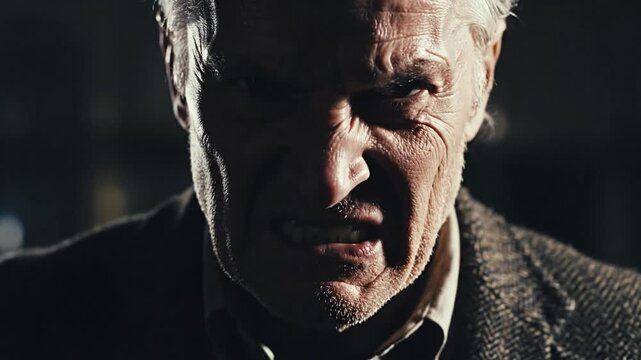 Cinematic slow motion capture of a furious individual clenching their jaw tightly expressing intense anger and hatred in a dramatic close-up portrait with emotional tension and dark mood.