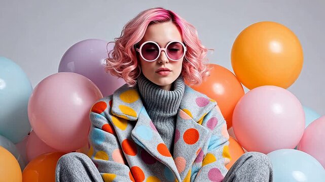 Woman with pink hair and colorful coat surrounded by balloons