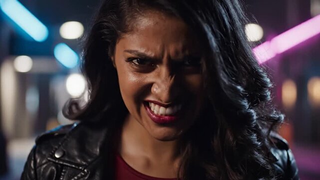 Cinematic slow motion portrait of a human displaying an intense angry expression with an aggressive grin and hostile facial features against a dark atmospheric background in high resolution.