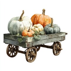 Watercolor painting of pumpkins in various colors, arranged in a weathered wooden wagon