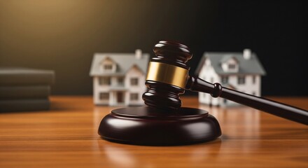 Fototapeta premium Judge's gavel and miniature house models symbolizing real estate law and property auction.