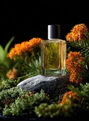 A perfume bottle sits on a rock surrounded by vibrant orange flowers and greenery against black