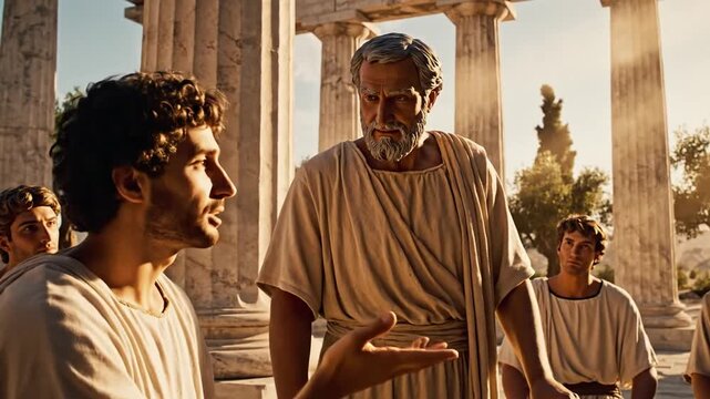 A cinematic slow motion portrayal of a contemplative Socratic intellectual journey featuring Plato teaching within the ancient Greek Academy as a scholar engaged in deep philosophical study.