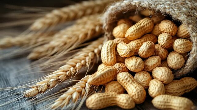 Peanuts spill out of a burlap sack by wheat on a wooden table in a simple setup