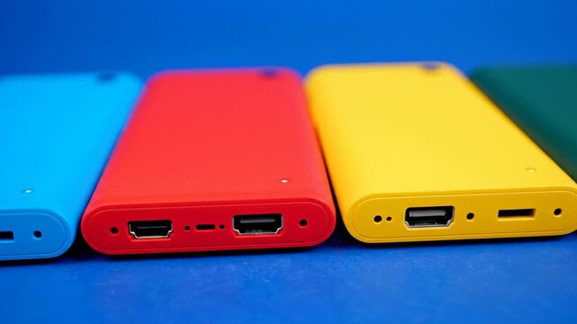 Row of vibrant, rectangular, colorful power banks on blue surface