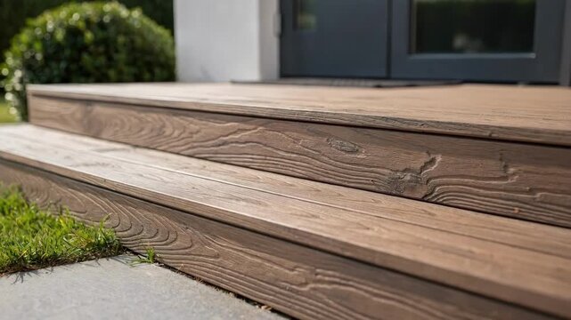 Composite decking steps toward entrance with sharp focus on wood grain and gentle blur of adjacent lawn and shrubs.