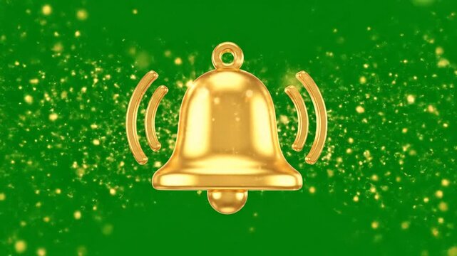 Golden bell ringing with sound waves on green background with particles