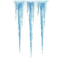 Watercolor illustration of hanging, transparent blue icicles against a white background