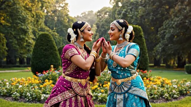 Two joyful Indian ladies gracefully performing a synchronized Bollywood dance sequence in cinematic slow motion, capturing vibrant cultural tradition and elegant rhythmic movement.