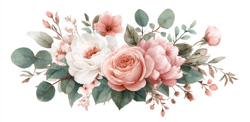 Watercolor floral arrangement with various blooms, leaves, and buds on a white background