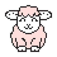 Fototapeta premium Cute pixel art lamb icon. 8-bit style fluffy pink sheep for Easter holiday. Retro gaming aesthetic animal character. Isolated vector illustration on white background.