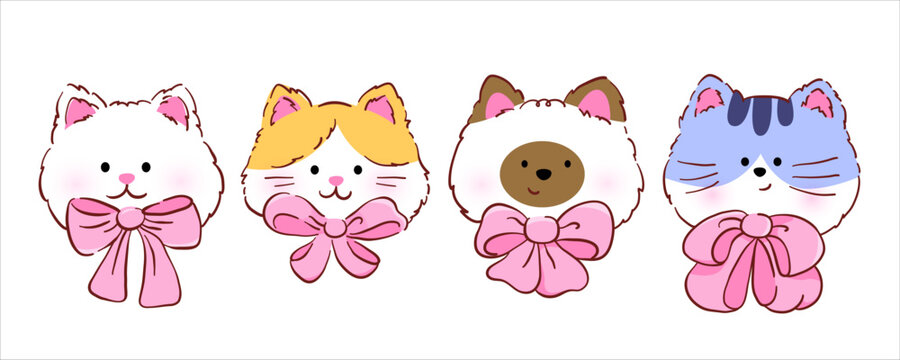 A set of cute cartoon hand-drawn images of a cat's head with a pink bow.