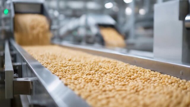 A conveyor belt transporting industrial pellets in a modern manufacturing facility, showcasing efficiency and precision.