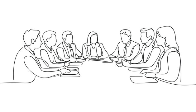 A continuous line drawing depicting a group of people at a boardroom table
