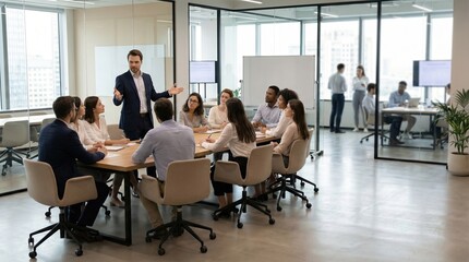 Fototapeta premium Meeting of CEOs in modern office discussing strategies and goals in a large conference room with a collaborative group of professionals