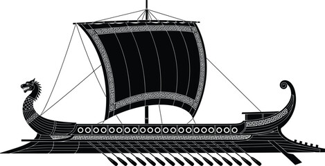 Ancient Greek trireme warship silhouette with sail and oars, classical naval vessel illustration for history, mythology, and maritime design projects © Sujoy