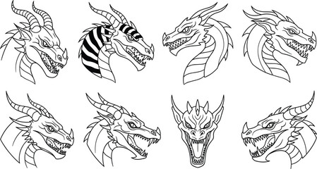 Collection of detailed fantasy dragon head line art illustrations, mythical creature design set for tattoo, logo, and game concept use