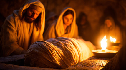 Easter Bible concept. The body of Jesus Christ in a white shroud in a cave. The Apostles and the body of Christ.