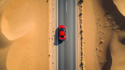 Aerial view of a single red car driving on a long asphalt road through vast desert sand dunes
