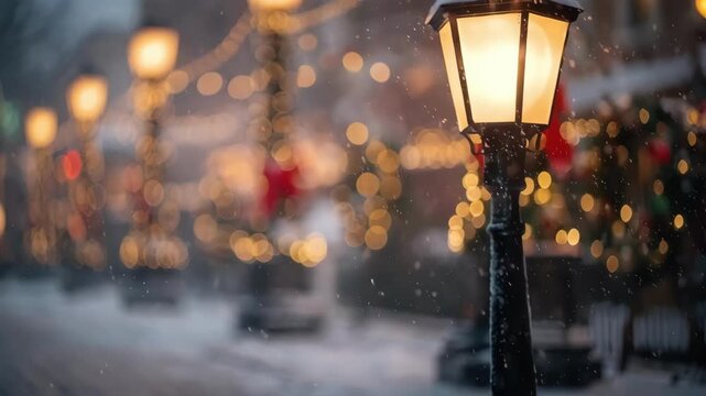 Medium shot capturing warm golden holiday string lights wrapped around lamp posts with blurred red ribbons and festive wreath props enhancing the winter street scene.