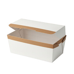 White cardboard box with open lid and brown edges isolated on transparent background