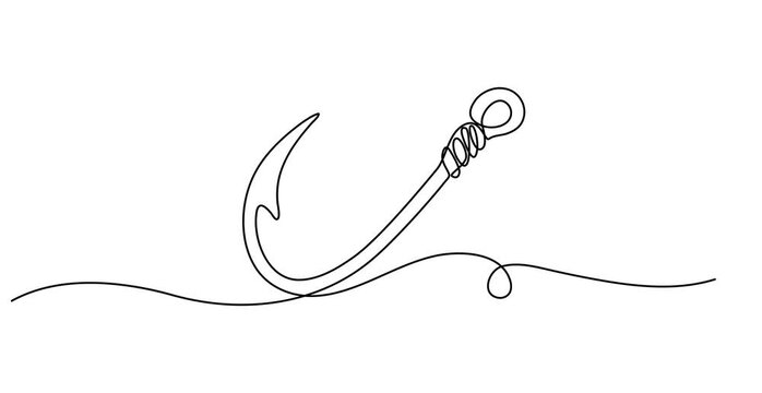 Fishing hook line continuous drawing video. One line Hook video background. Hook fisherman's equipment icon. Continuous outline of a Fishing hook, Fishing hook line icon. Fishing, fish, fisherman.