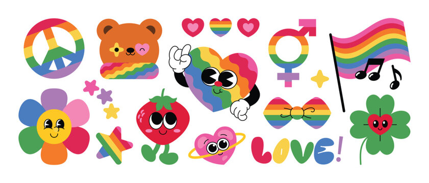 Set of colorful symbols with rainbow flag colored elements. Cartoon abstract characters in retro for celebrating Pride Month Illustration Design. 