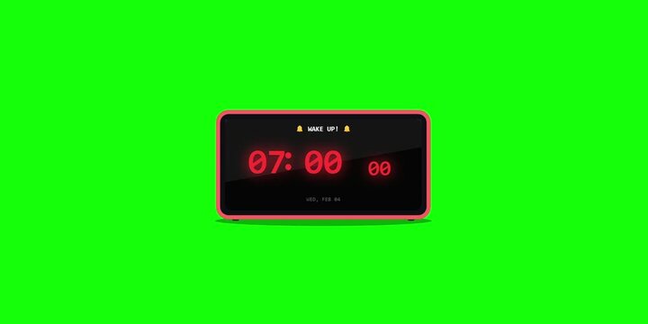 Wake up to alarm at 7 am on a digital clock on a table indoors
