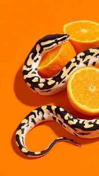 Exotic ball python snake coiled artistically among vibrant orange slices on a bold orange background, creating striking visual contrast