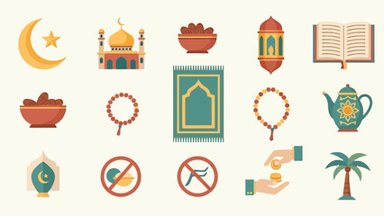 Islamic cultural symbols and objects related to Ramadan and Eid celebrations, presented in a flat design style