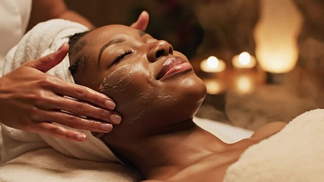 Serene African American woman enjoying professional cinematic facial massage therapy at luxury wellness spa center, peaceful skin care treatment, holistic relaxation, beauty rejuvenation.