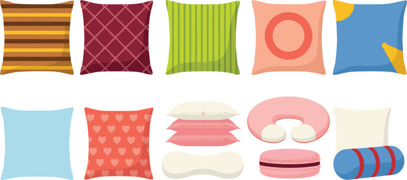 Large Set of Decorative Throw Pillows and Comfort Cushions with Various Patterns Including Stripes Hearts and Travel Neck Support for Interior Design and Home Decor