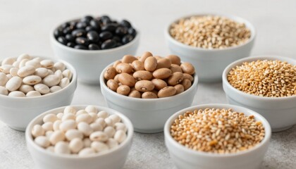 Fototapeta premium Assorted beans and seeds displayed in bowls kitchen food photography bright close-up healthy eating