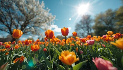 Obraz premium A vibrant field of tulips blooms under a bright blue sky with sunny weather