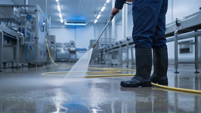 Industrial worker cleaning factory floor with high pressure hose in modern manufacturing facility
