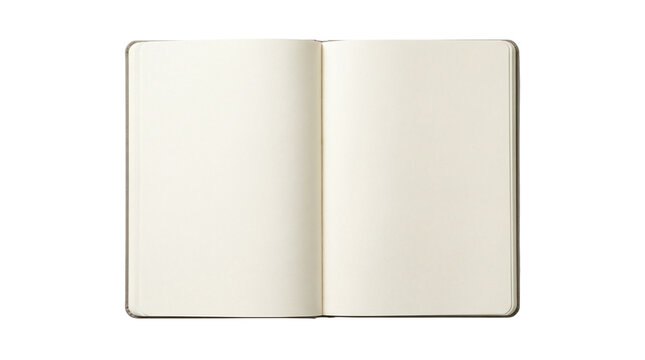 Open blank notebook with empty pages for writing or sketching, isolated on transparent background