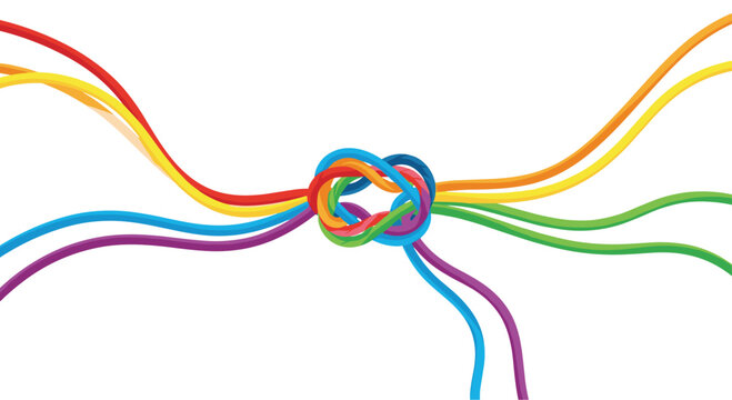 Vibrant rainbow-colored ropes tied together in a central knot, symbolizing unity, diversity, and strong connections on