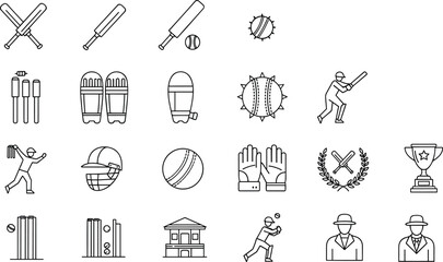 Cricket sport line icons set featuring bats balls players equipment stadium trophy symbols outline vector illustration © Sohan Creatives